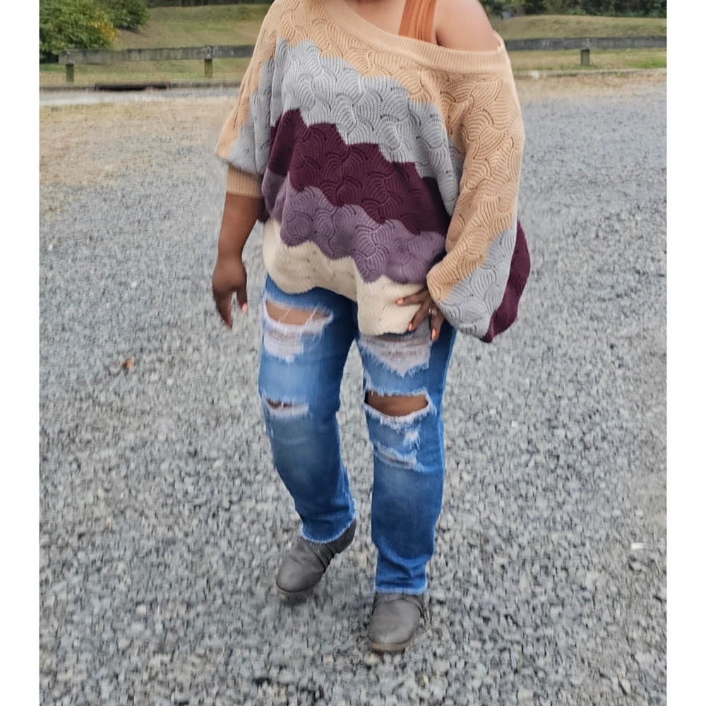 Women's 1X Multi Color Chevron Stripe Crochet Knit Dolman Sleeve Sweater Fall